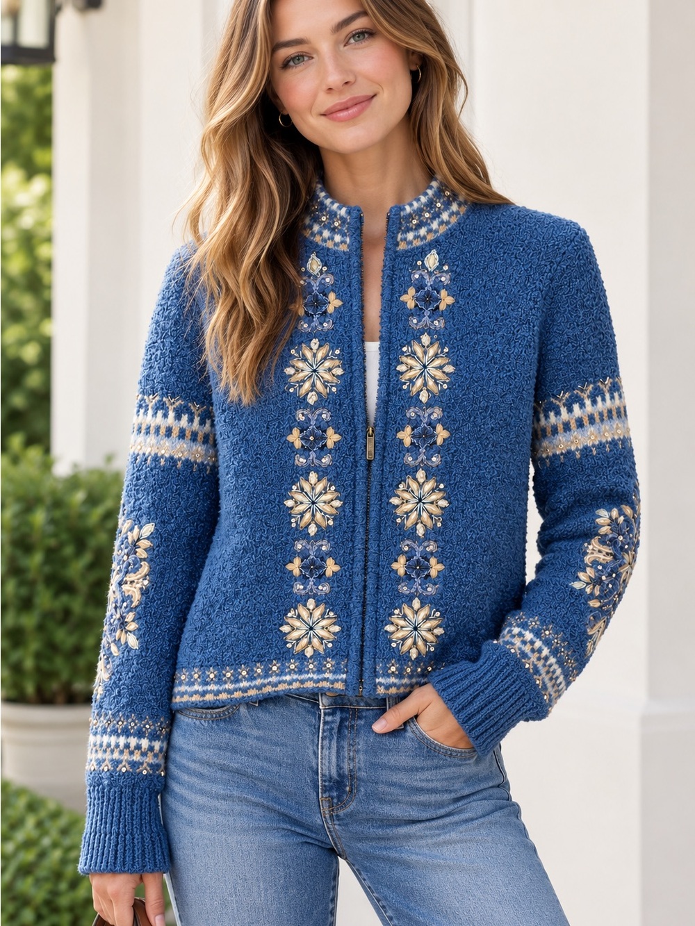 Icelandic Design Blue Embroidered Nordic Zip Holidays Sweater – Size Small - Picture 2 of 8